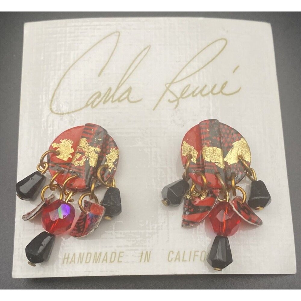 NWT Vintage Earrings Carla Renee Handmade in California Dangle Pierced Red Gold - Picture 2 of 5